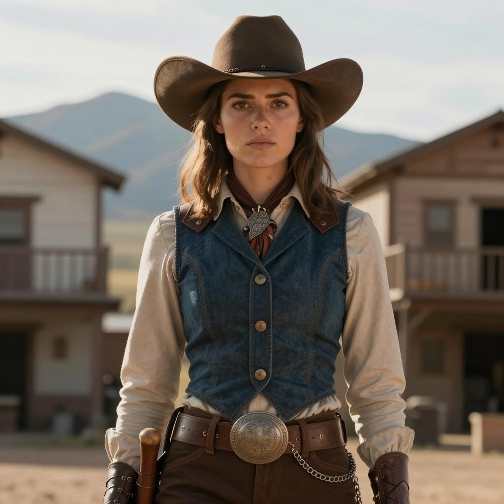 Confident Woman in Western Cowboy Outfit Standing in Frontier Town