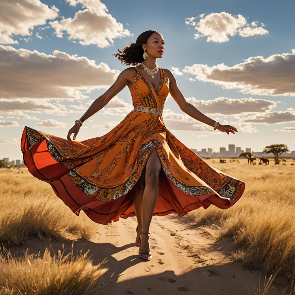 Elegant woman spinning in vibrant dress against golden sky and desert