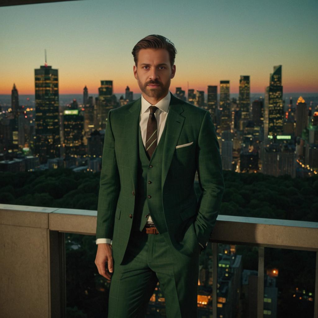 Man in Elegant Green Suit Against City Skyline at Sunset