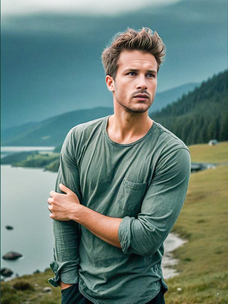 Confident Young Man by Serene Lake Confident Young Man by Serene Lake