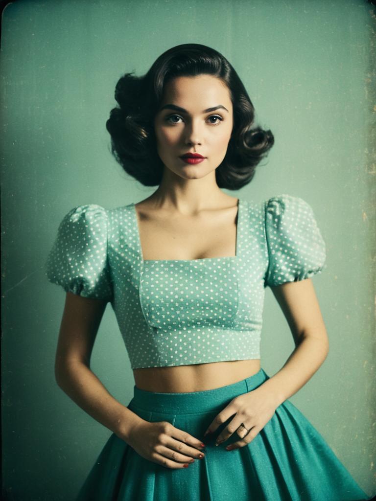 Contemporary Chic Woman in White Textured Crop Top with Teal Skirt