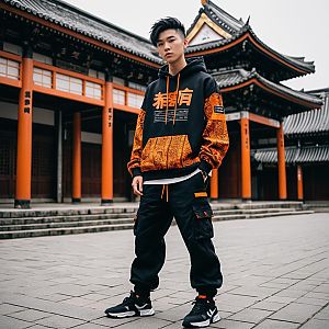 Young Man in Streetwear Posing at Traditional East Asian Temple