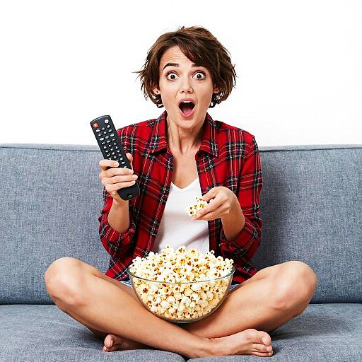 Young Woman Watching TV with Popcorn in Red Plaid Shirt