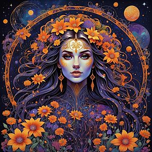 Ethereal Woman with Golden Flowers and Cosmic Background Fantasy Art