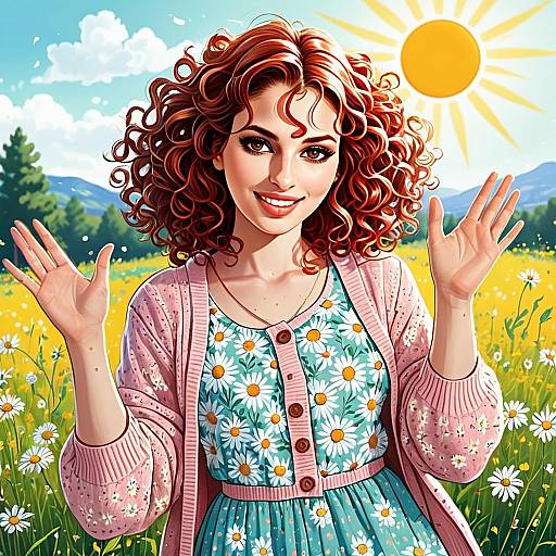 Cheerful Woman in Daisy Field Digital Illustration