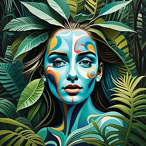 Woman with Abstract Face Paint in Tropical Leaves