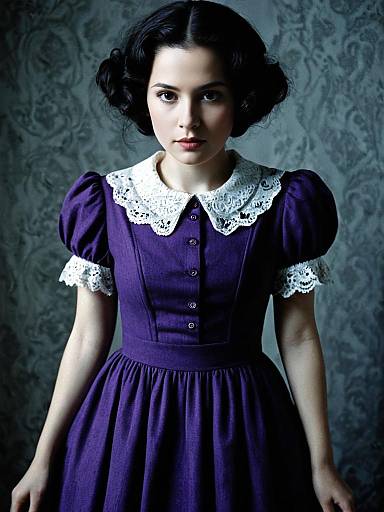 Young Woman in Vintage Purple Dress with Lace Collar and Puffed Sleeves