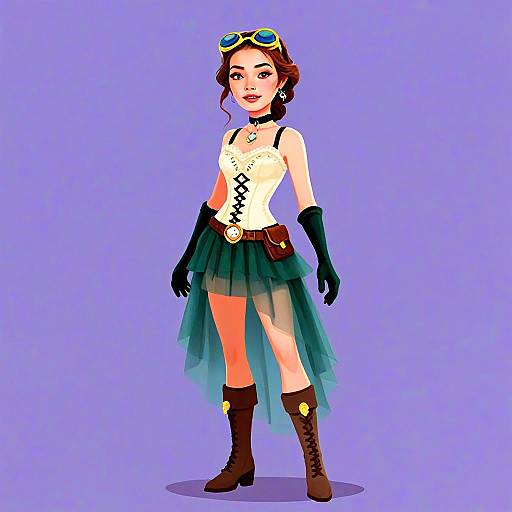 Steampunk Woman in Corset Outfit with Goggles and Layered Skirt