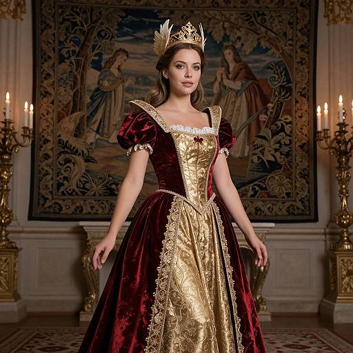 Woman in Renaissance-Style Gown and Gold Crown in Luxurious Interior
