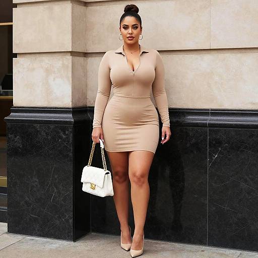 Confident Woman in Beige Mini Dress with White Handbag Urban Style