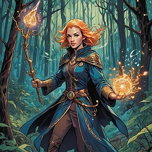 Powerful Woman Mage in Mystical Forest