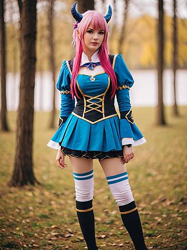 Woman in Blue Fantasy Anime Cosplay with Pink Hair and Horns