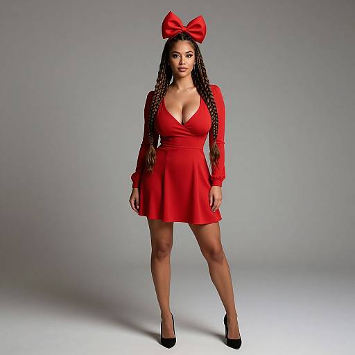 Stylish Woman in Red Dress with Large Bow and Braids