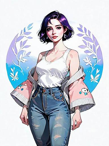 Realistic Anime Style Woman in Casual Outfit with Purple Hair and High-Waisted Jeans