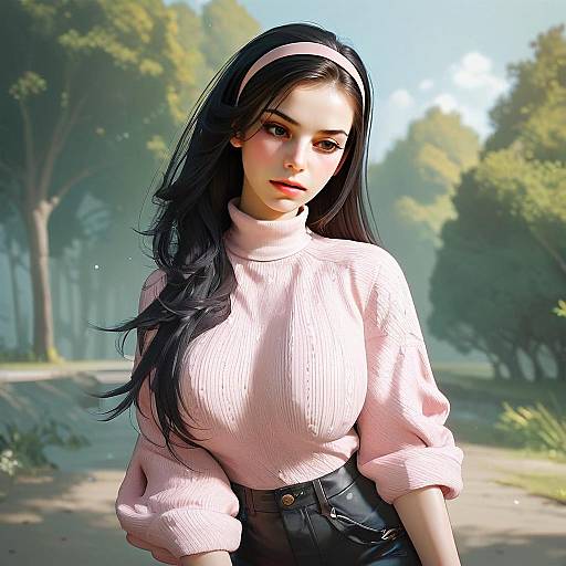 Young Woman in Pink Sweater Digital Illustration with Soft Outdoor Background