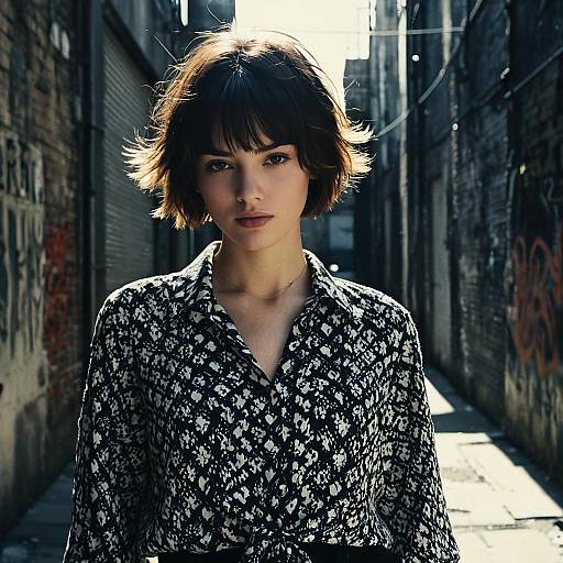 Urban Portrait of Woman in Patterned Shirt in Alleyway
