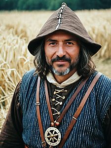 Medieval Peasant Man in Cosplay Festival Costume in Wheat Field