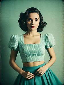 Contemporary Chic Woman in White Textured Crop Top with Teal Skirt