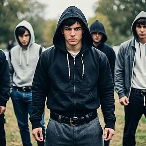 Young Men in Hooded Jackets with Serious Expressions