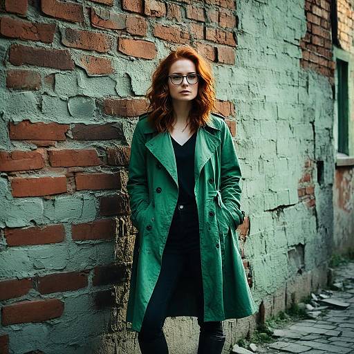 Young Woman in Green Trench Coat Against Urban Brick Wall