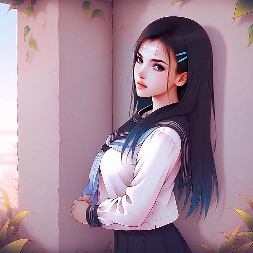 Anime Girl in Japanese School Uniform with Blue Hair Clips Leaning on Wall