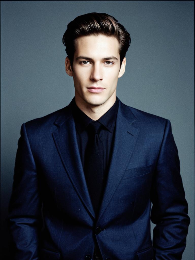 Young Man in Navy Blue Suit and Black Shirt Portrait