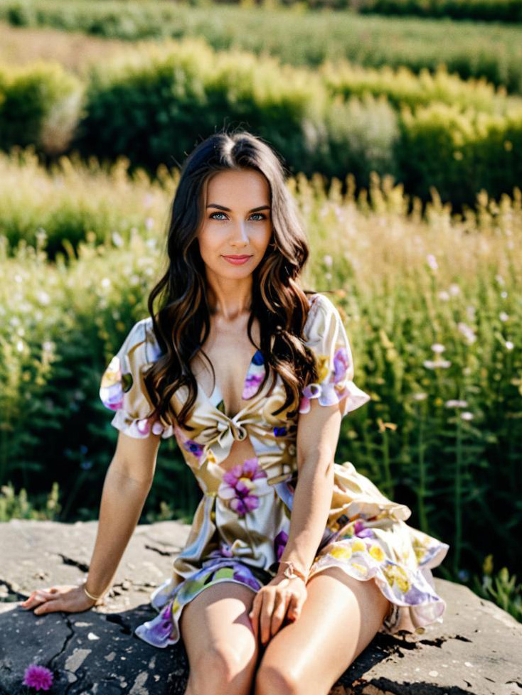 Young Woman in Floral Dress on Rock in Vibrant Field