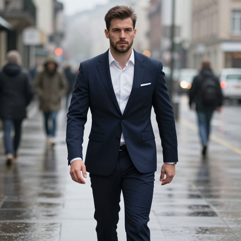 Confident Man Walking in Navy Blue Suit on City Street