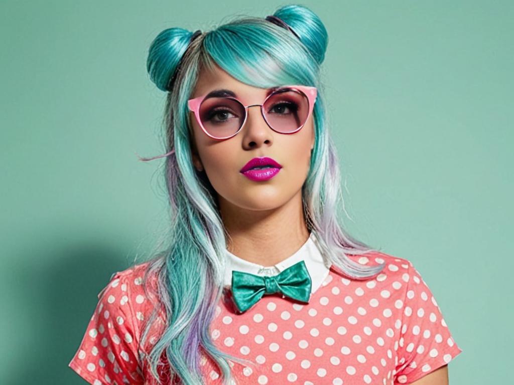 Colorful Portrait of Woman with Pastel Blue Hair and Rose-Tinted Glasses