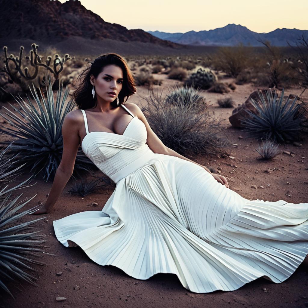 Elegant Woman in White Dress on Desert Sand