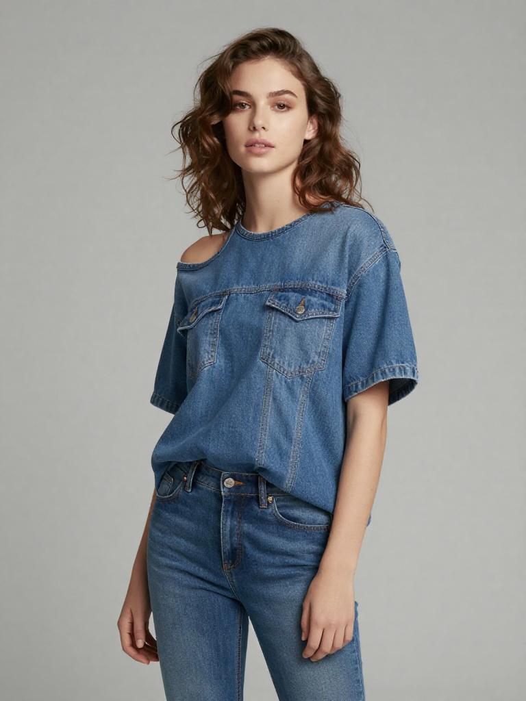 Gen Z Stylish Woman Wearing Denim Top and Jeans Fashion