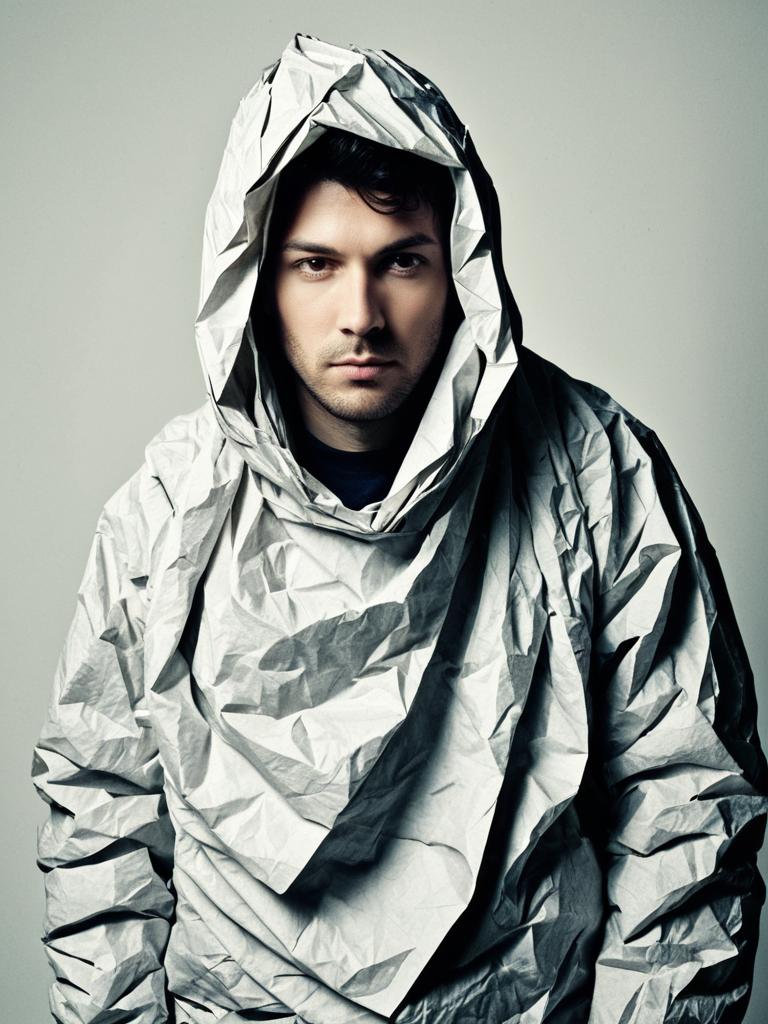Man Wearing Crumpled Paper Costume Photorealistic Studio Portrait Man Wearing Crumpled Paper Costume Photorealistic Studio Portrait