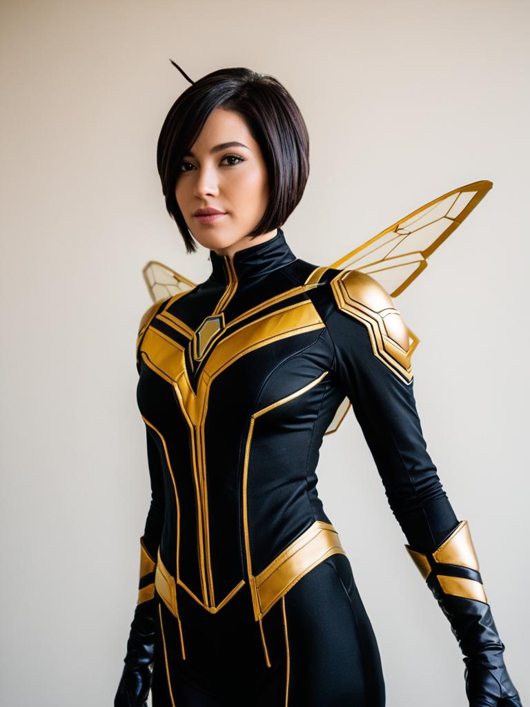 Woman in Realistic Wasp Janet Van Dyne Cosplay Costume Black Gold