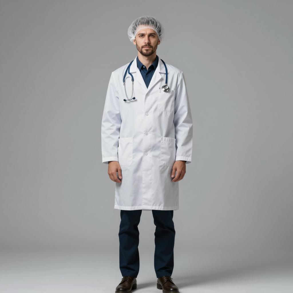 Male Doctor in White Lab Coat with Stethoscope and Hair Net