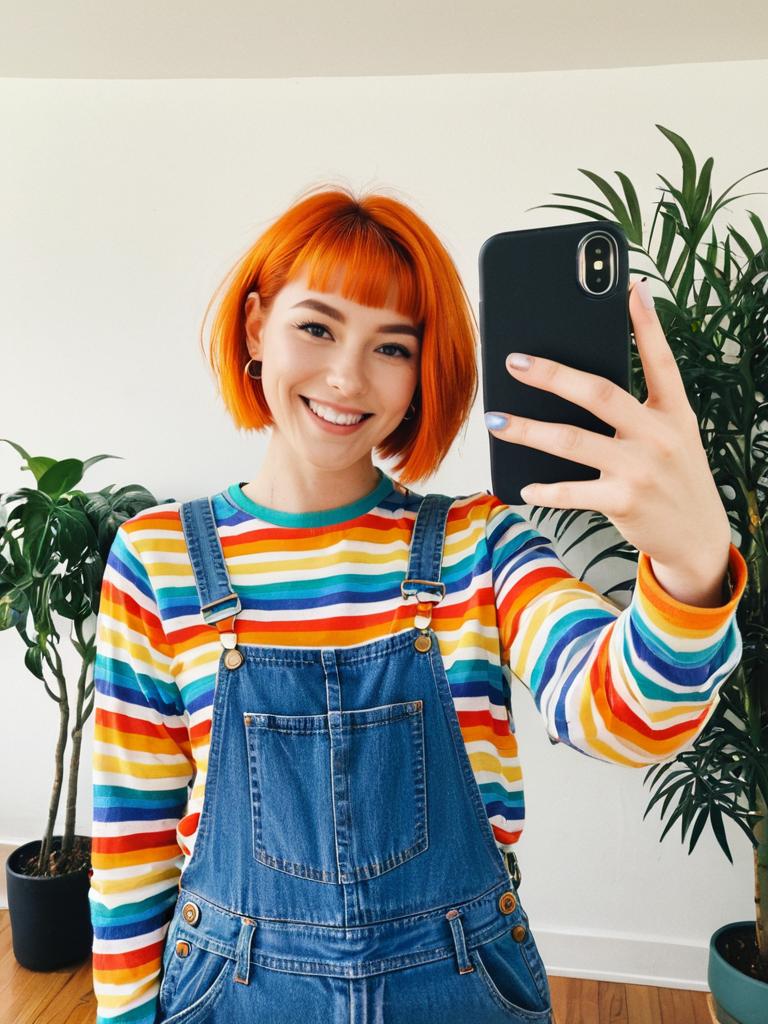 Young Woman with Orange Hair in Rainbow Striped Shirt and Denim Overalls Taking Selfie
