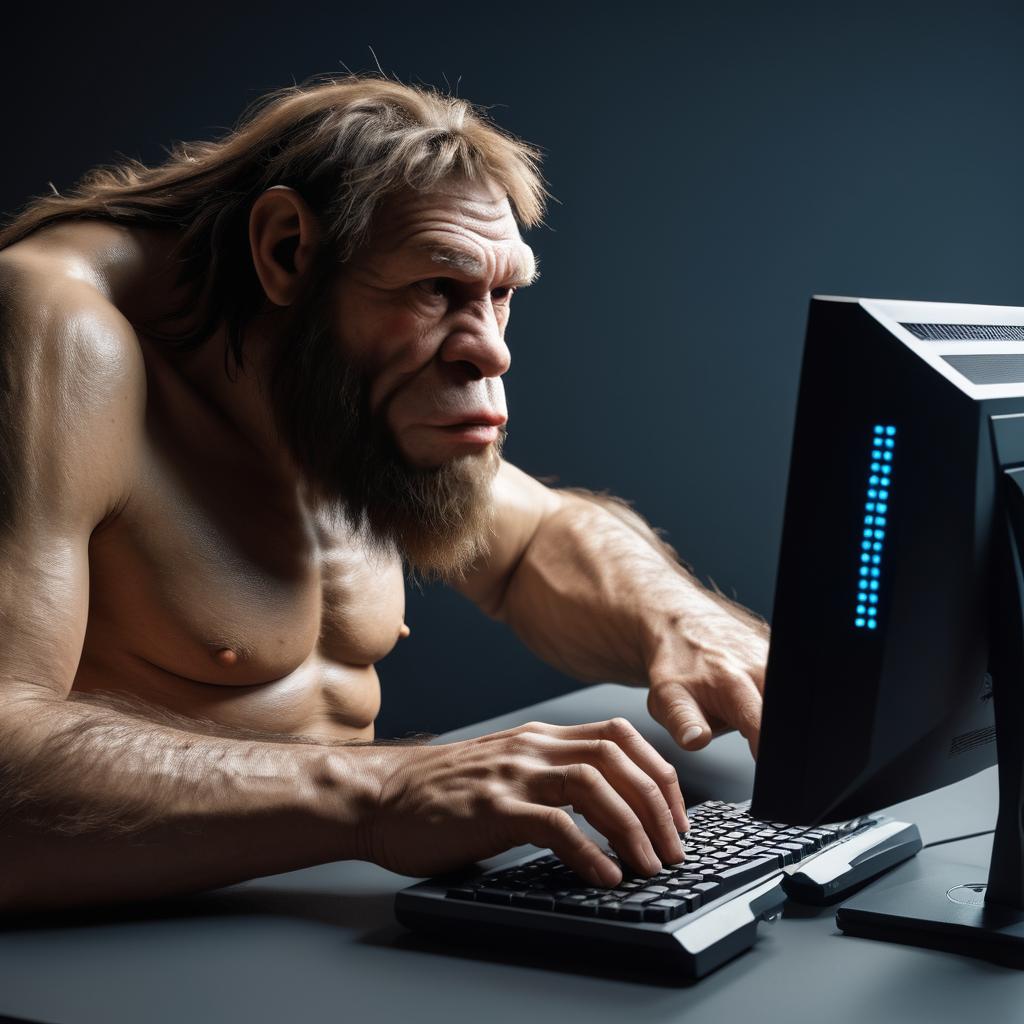 Neanderthal Man Working on a PC - Artistic Interpretation