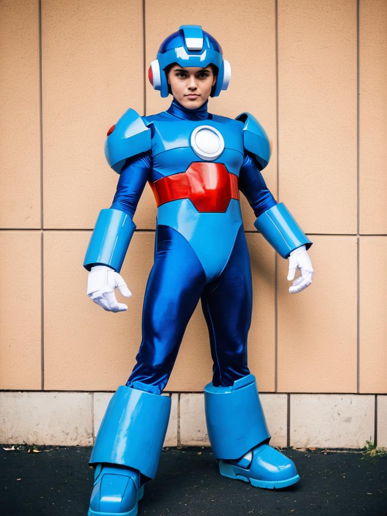 Man in Realistic Mega Man Cosplay Costume Photo