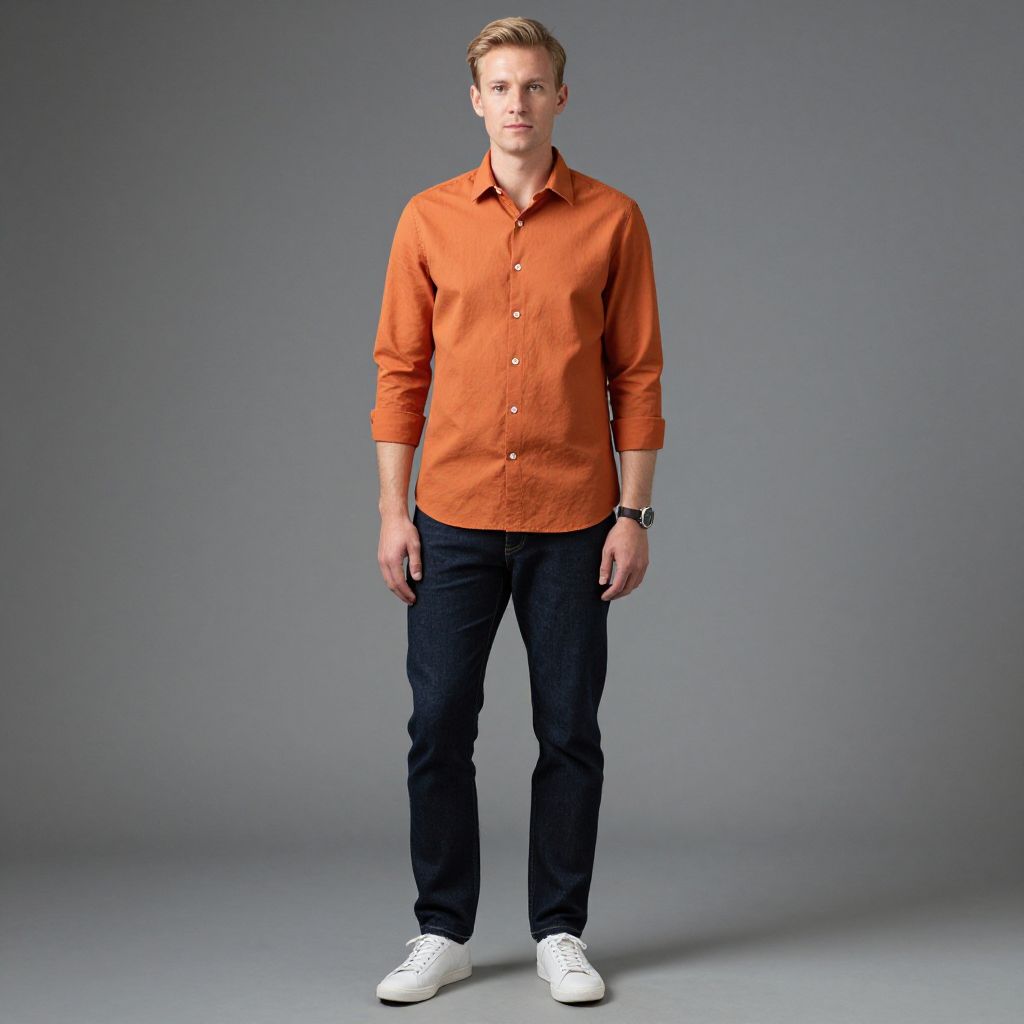 Casual Young Man in Orange Shirt and Dark Jeans Standing on Gray Background
