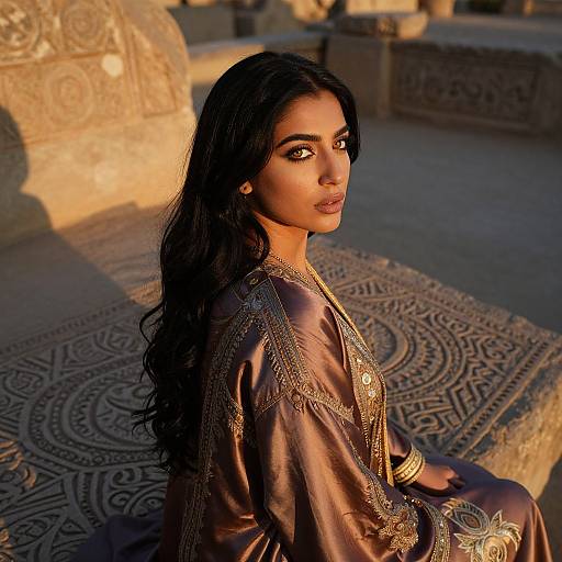 Elegant Woman in Traditional Embroidered Attire Sitting by Intricate Stone Carvings