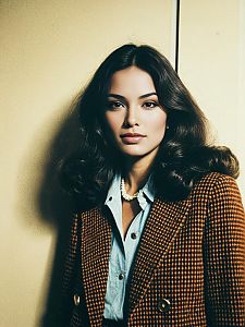 Elegant Woman in Brown Checkered Blazer with Pearl Necklace Portrait