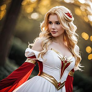 Elegant Fantasy Woman in White and Red Costume with Golden Accents Outdoors