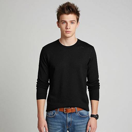 Young Man Wearing Black Sweater and Blue Jeans Casual Style Portrait