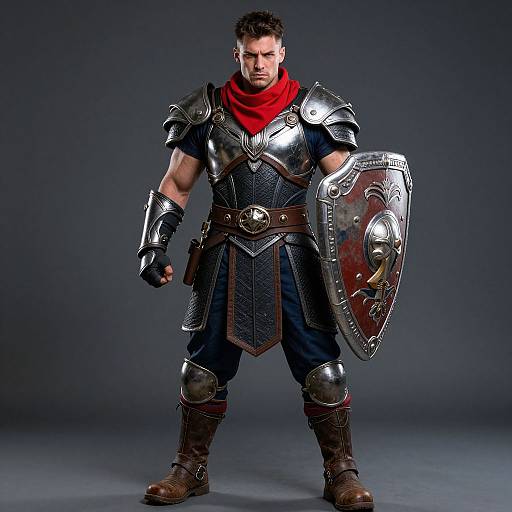 Medieval Knight Man in Steel Armor with Shield and Red Scarf