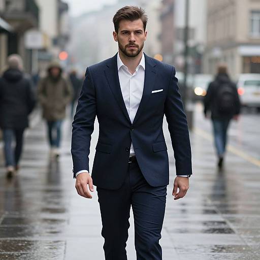 Confident Man Walking in Navy Blue Suit on City Street