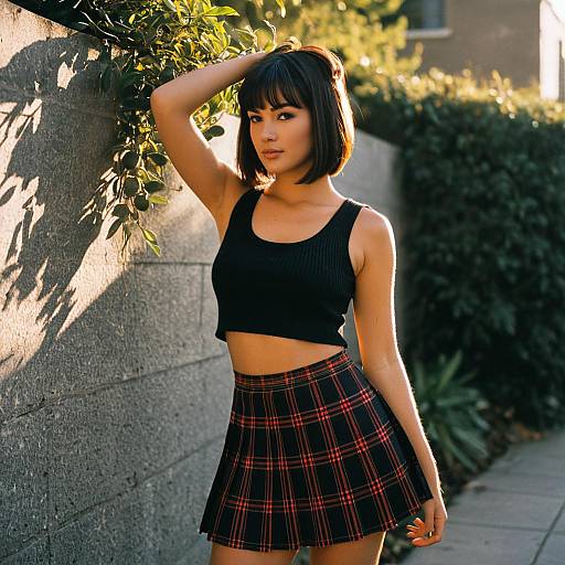 Young Woman in Black Crop Top and Plaid Skirt Outdoors