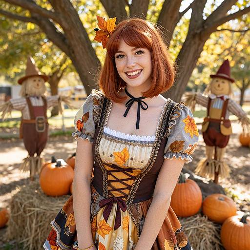 Red Haired Woman in Autumn Costume with Pumpkins and Scarecrows