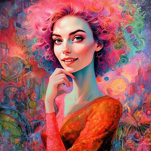 Surreal Portrait of Woman with Pink Hair in Colorful Abstract Style
