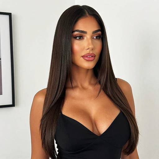 Elegant Woman with Long Dark Hair in Black Top Portrait