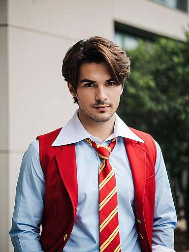 Apollo Justice Inspired Portrait of Young Man in Red Vest and Striped Tie