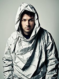 Man Wearing Crumpled Paper Costume Photorealistic Studio Portrait